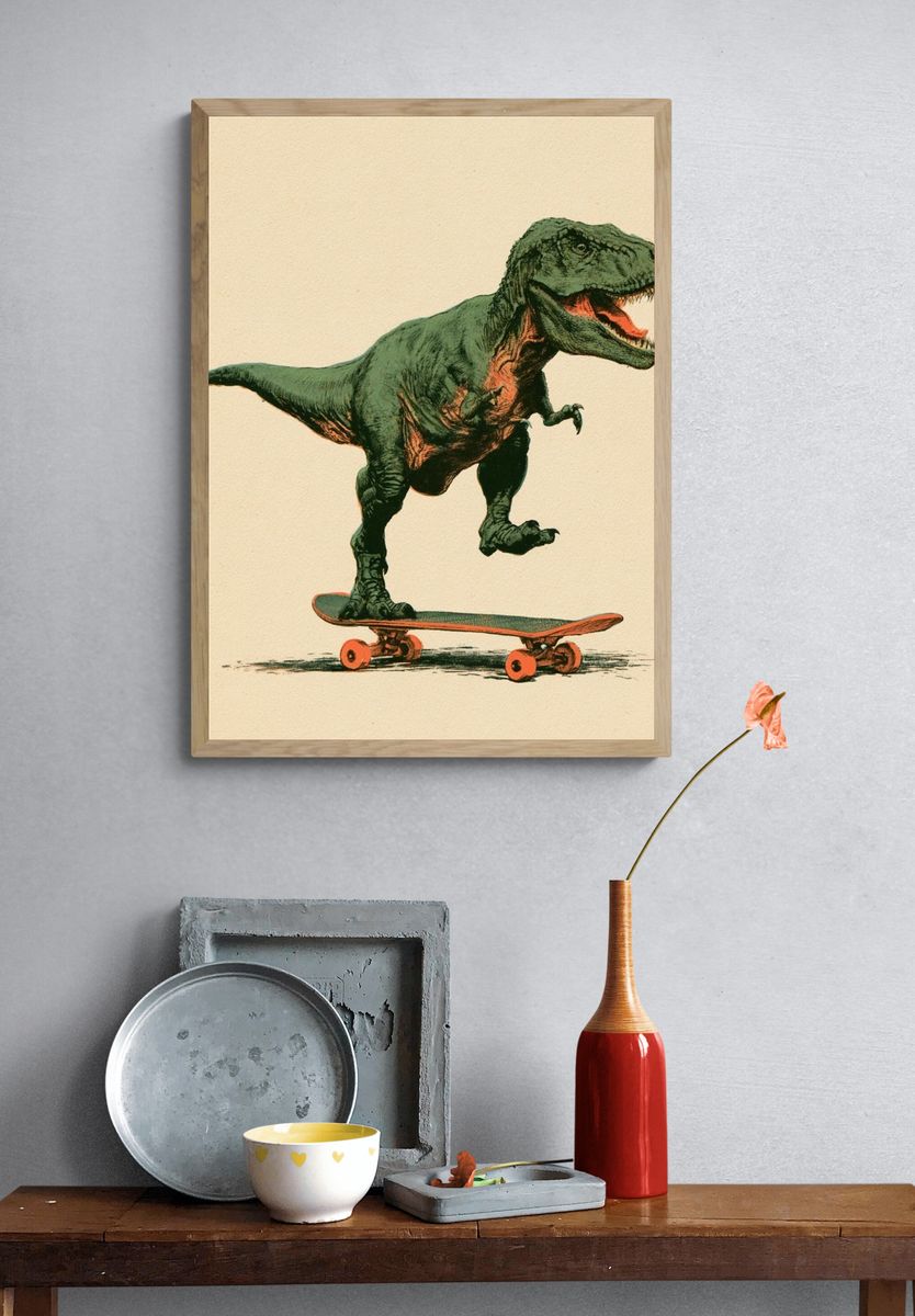Skateboarding T-Rex Illustration Poster. — room view 3