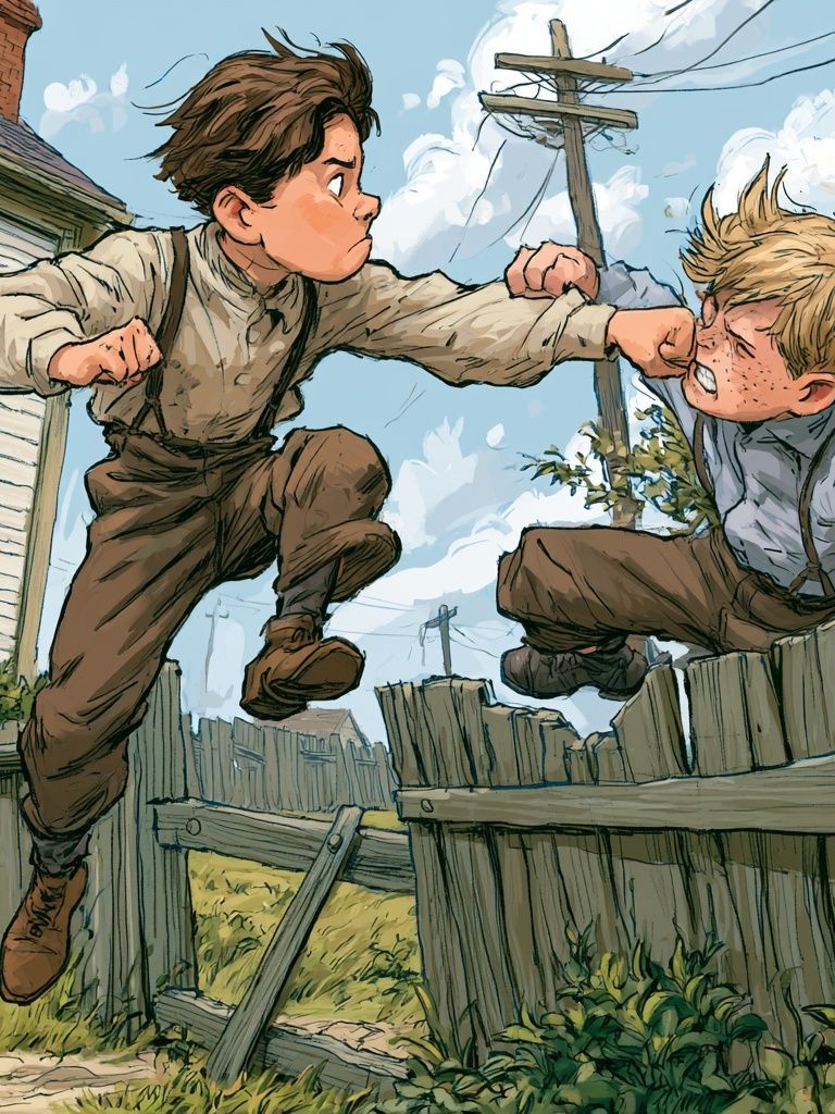 Boyhood Fence Fight Illustration Poster. poster detail
