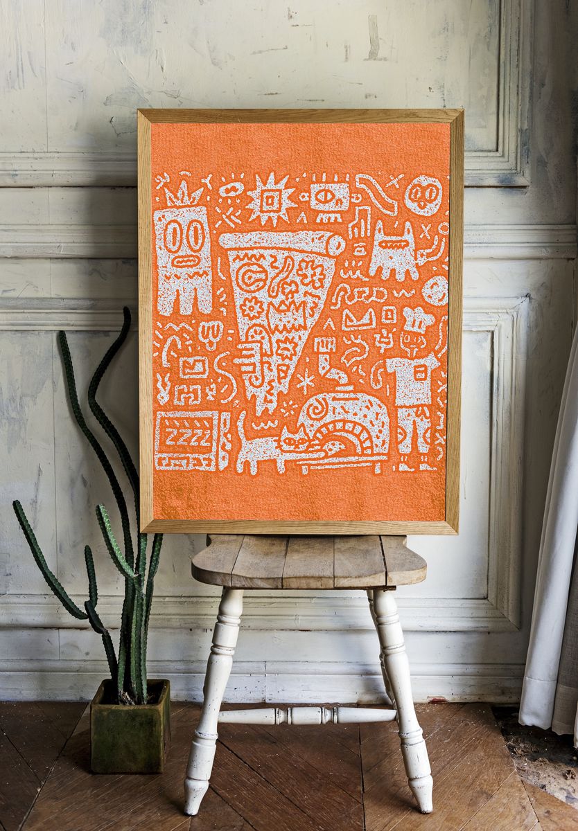Orange Doodle Faces Abstract Poster. — room view 1