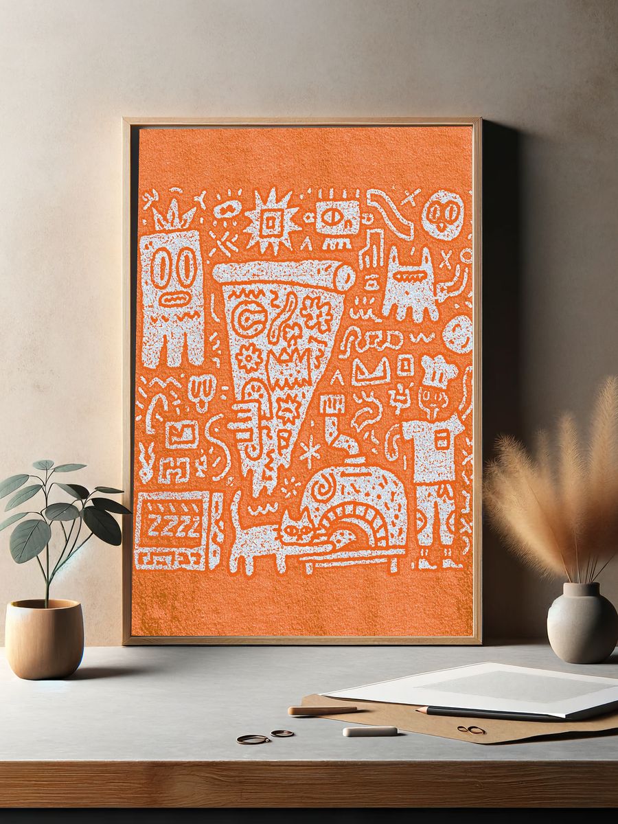 Orange Doodle Faces Abstract Poster. — room view 2