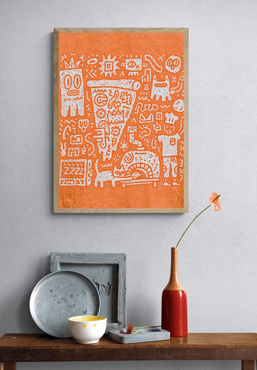 Orange Doodle Faces Abstract Poster. — room view 3