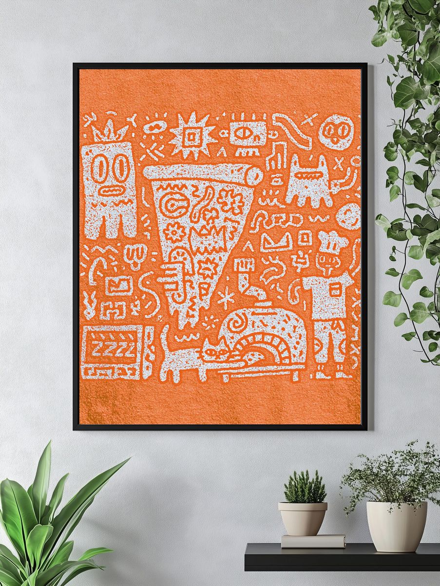 Orange Doodle Faces Abstract Poster. — room view 4