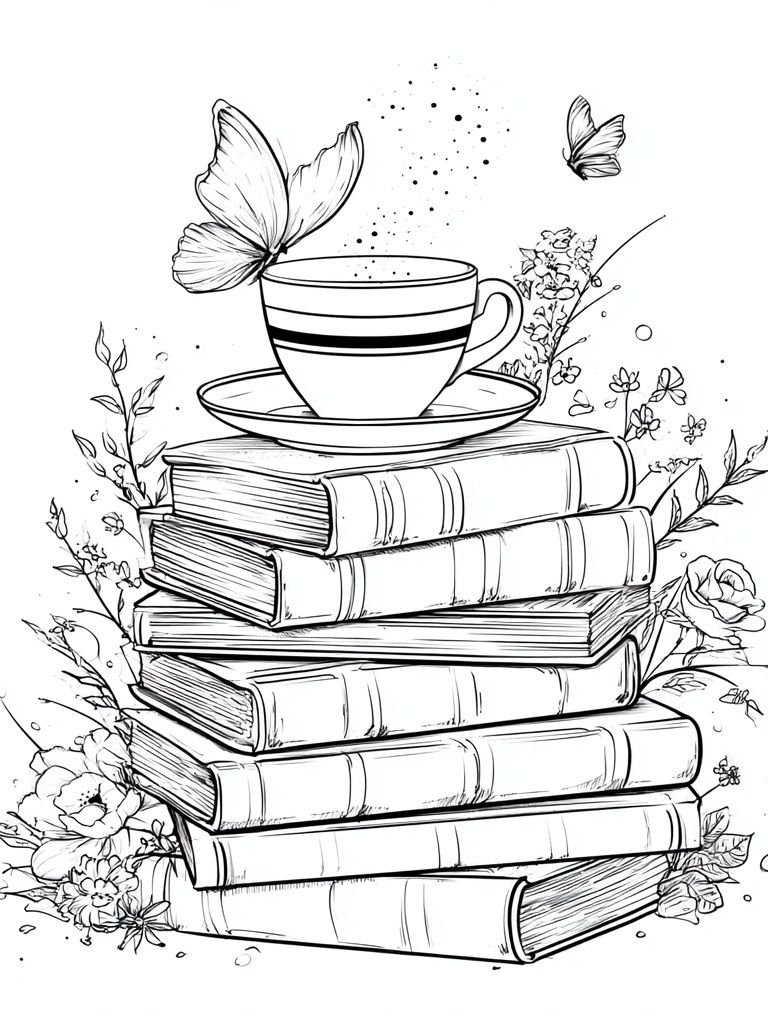 Books and Teacup Line Art Poster. poster detail