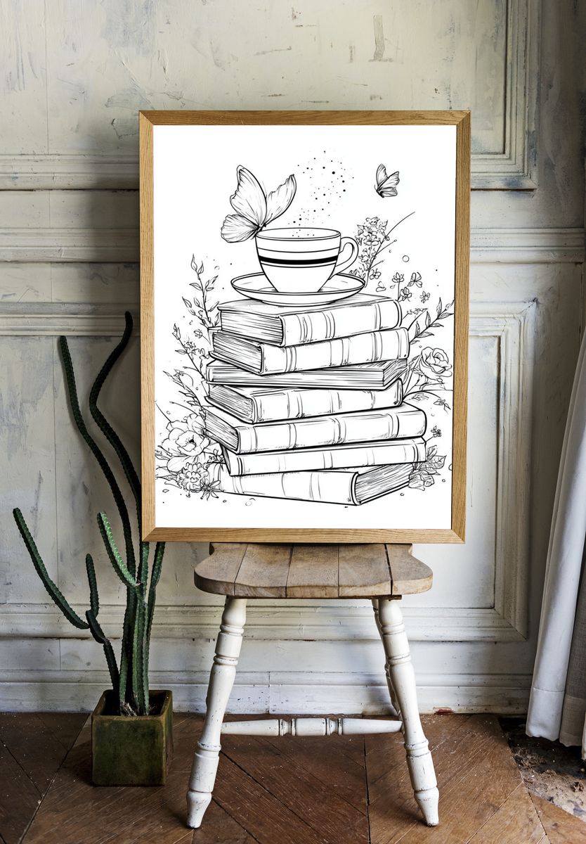 Books and Teacup Line Art Poster. room preview