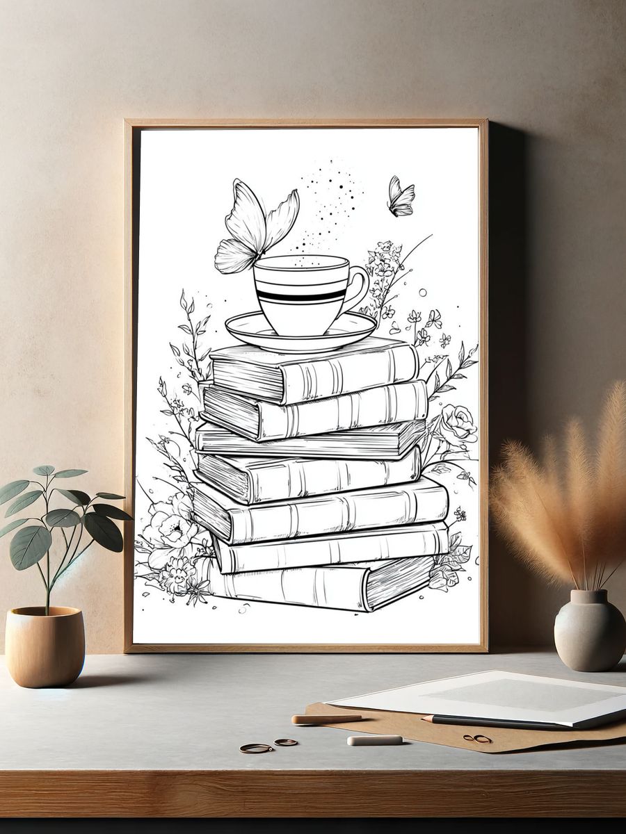 Books and Teacup Line Art Poster. — room view 2
