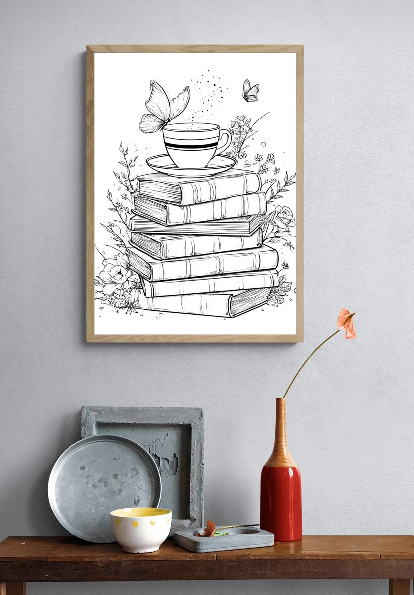 Books and Teacup Line Art Poster. — room view 3