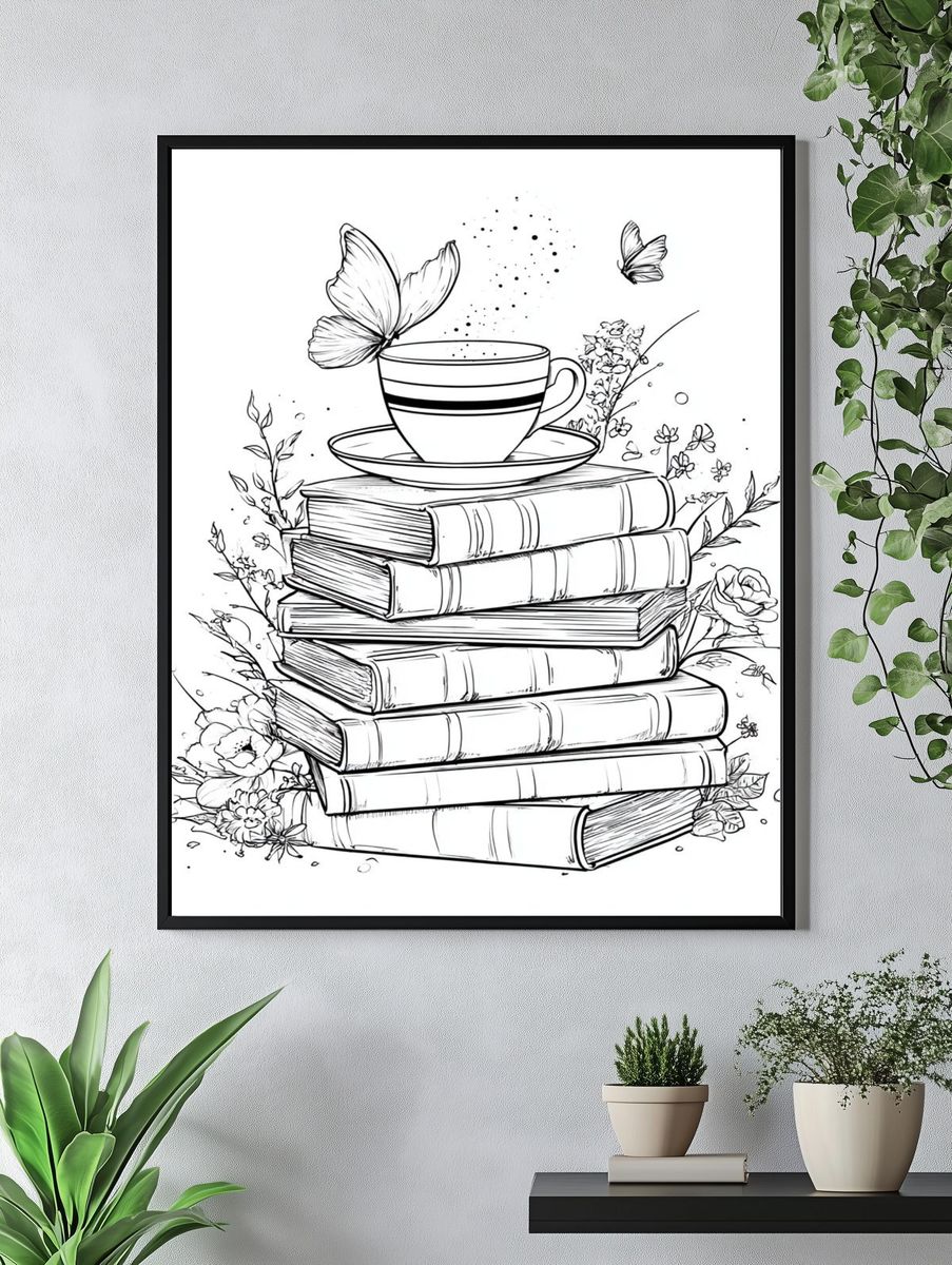Books and Teacup Line Art Poster. — room view 4