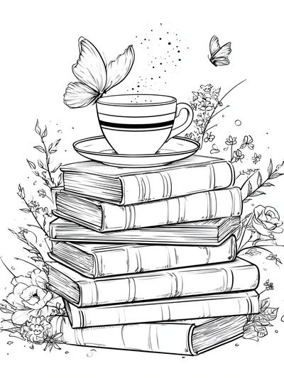 Books and Teacup Line Art Poster. poster