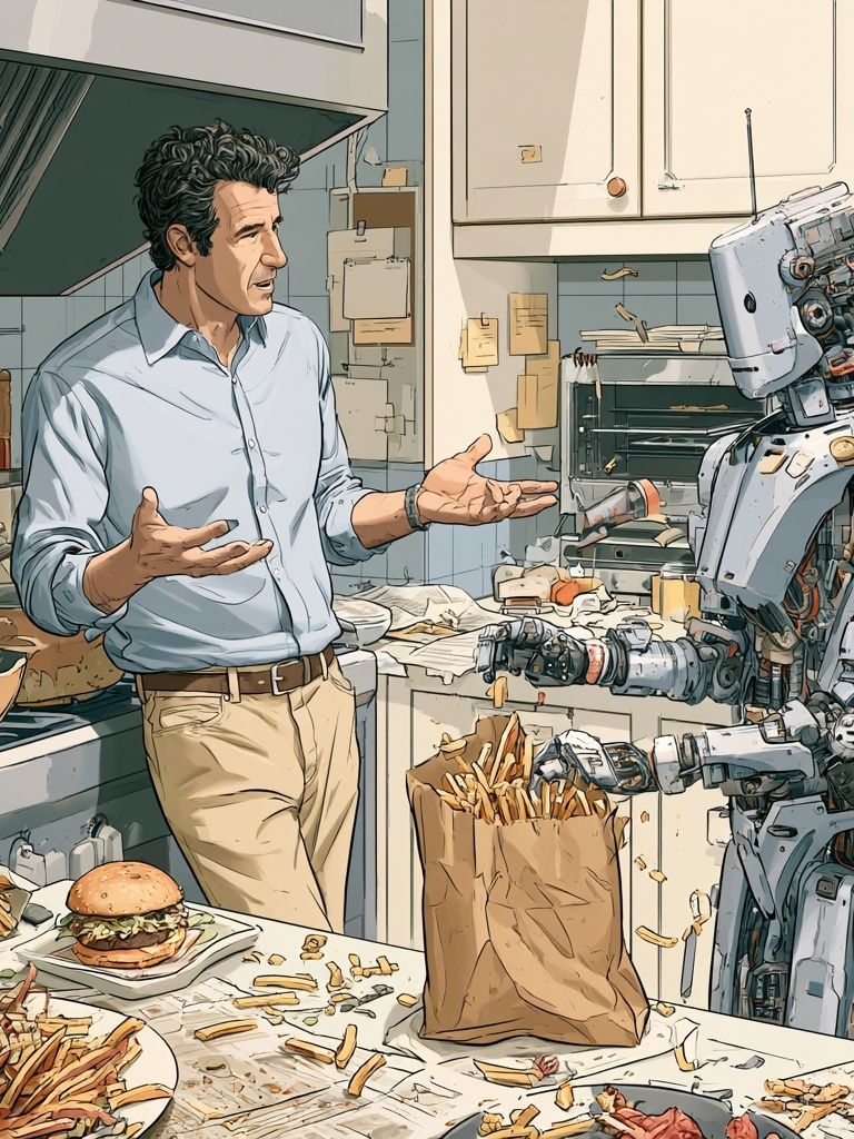 Robot Kitchen Conversation Illustration Poster. poster — illustration art