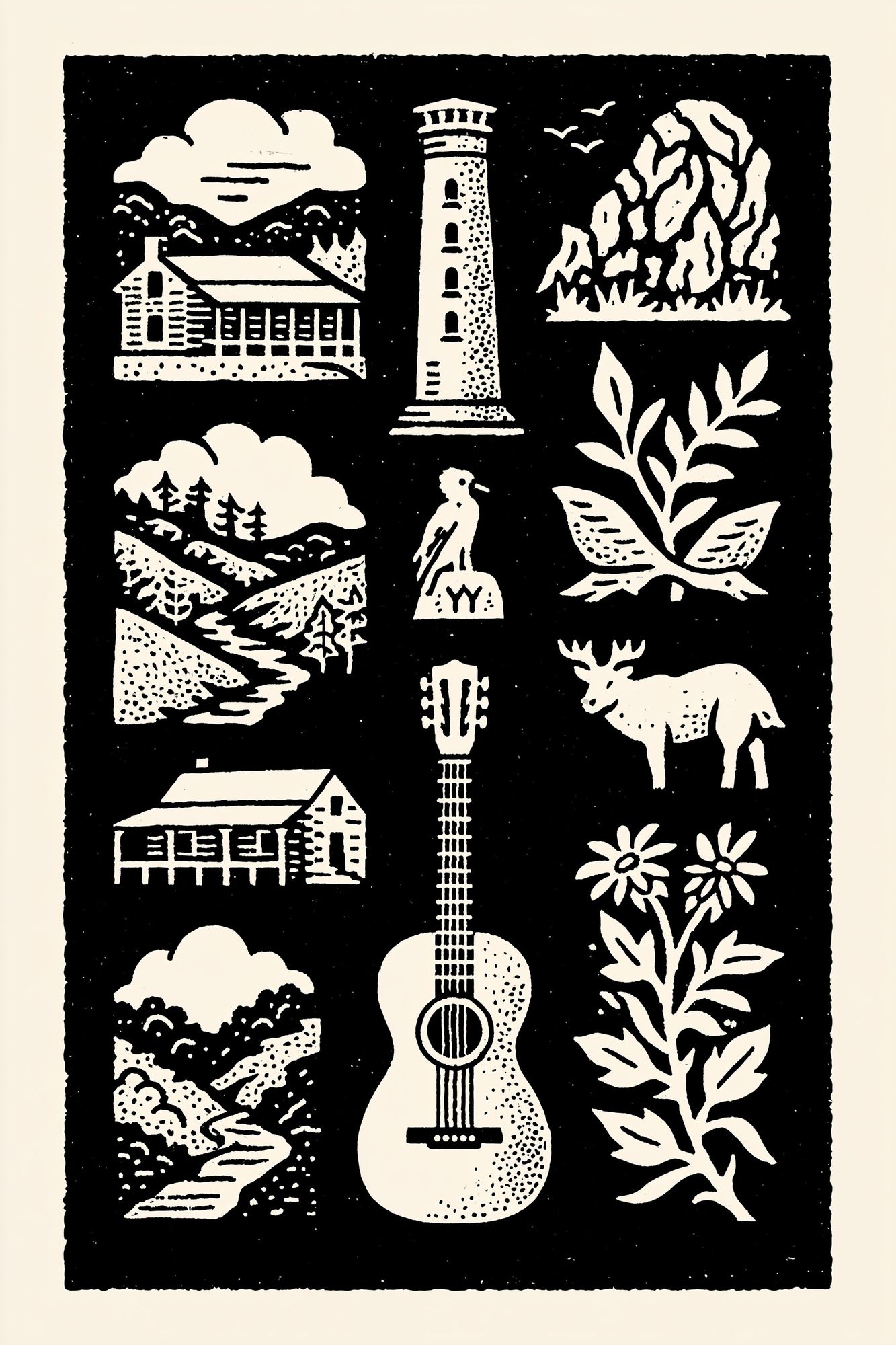 Woodland Cabin Linocut Poster. poster — illustration art