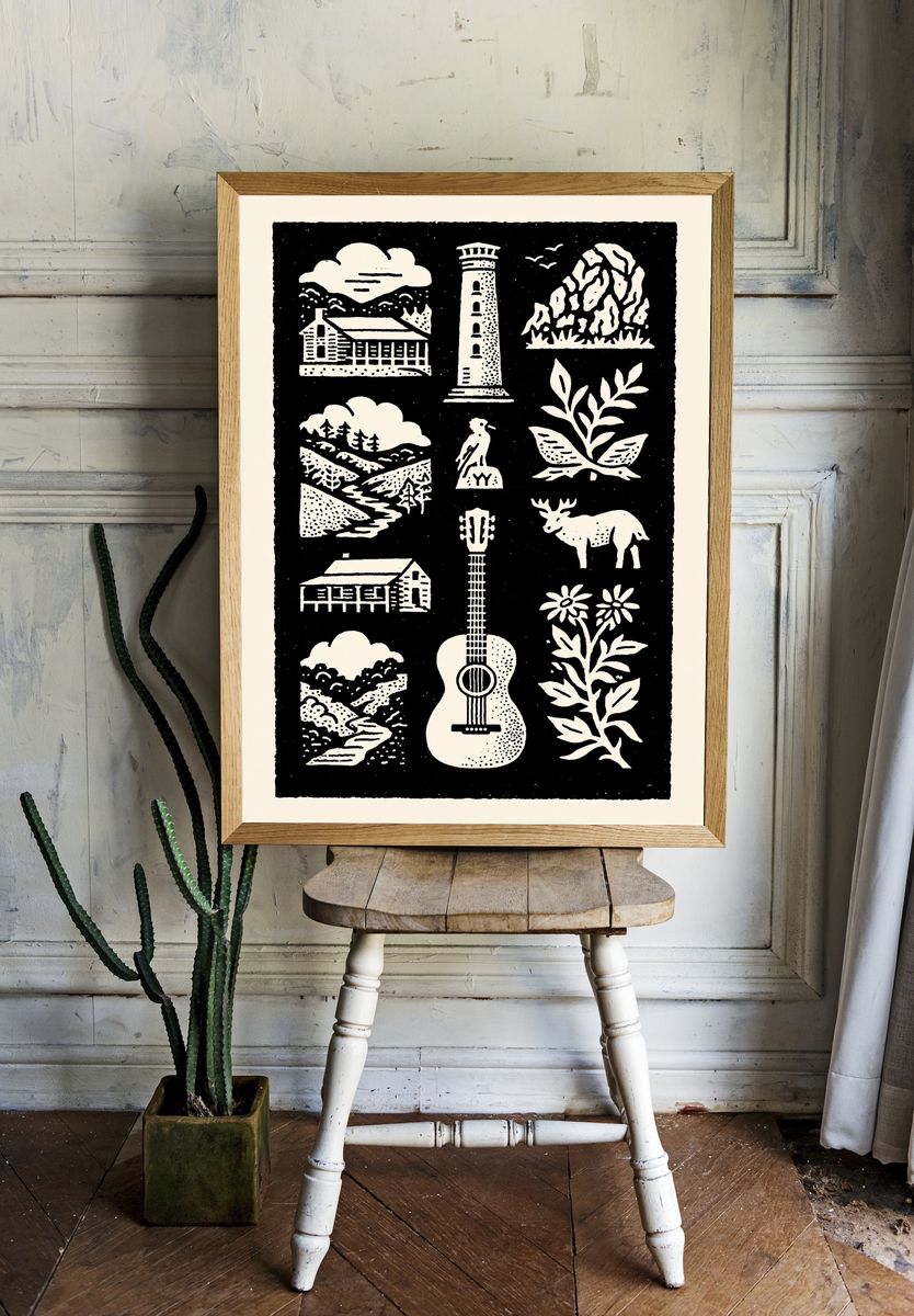 Woodland Cabin Linocut Poster. — room view 1