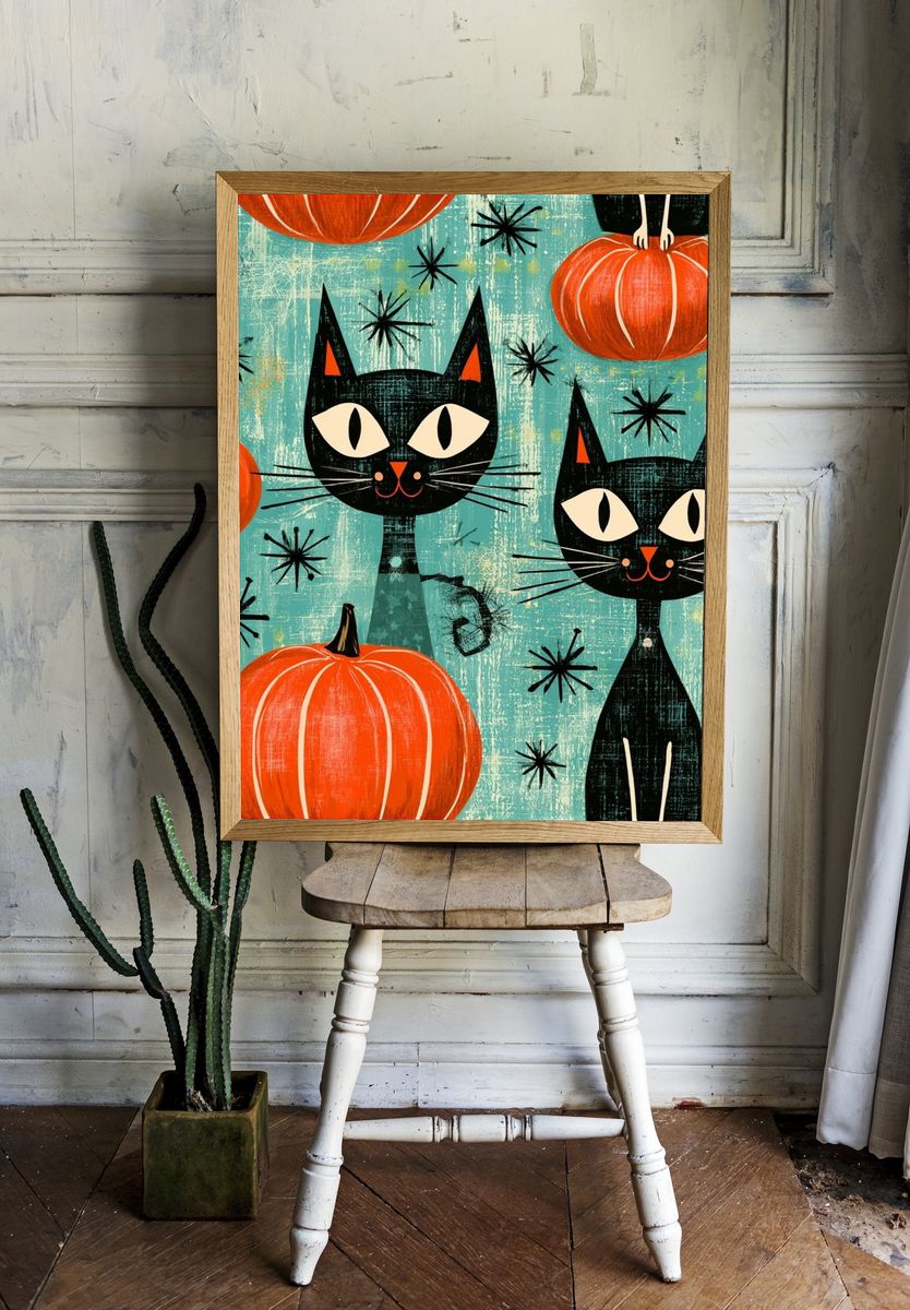 Black Cats and Pumpkins Illustration Poster. — room view 1