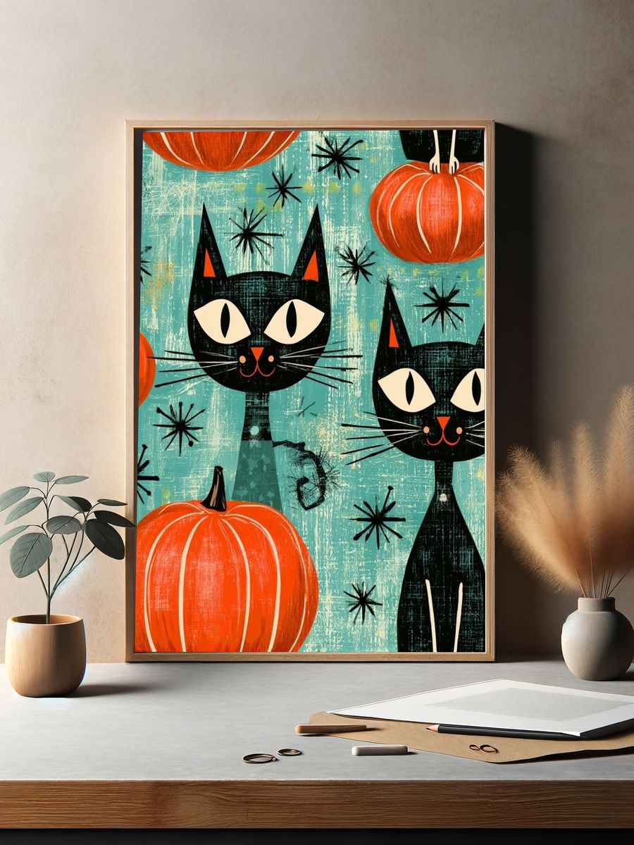Black Cats and Pumpkins Illustration Poster. — room view 2