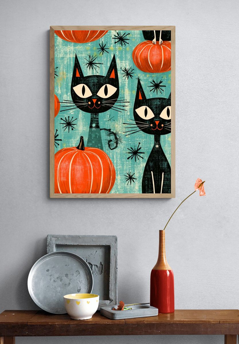 Black Cats and Pumpkins Illustration Poster. — room view 3