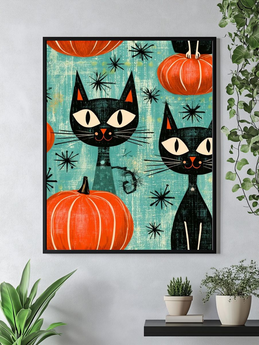 Black Cats and Pumpkins Illustration Poster. — room view 4