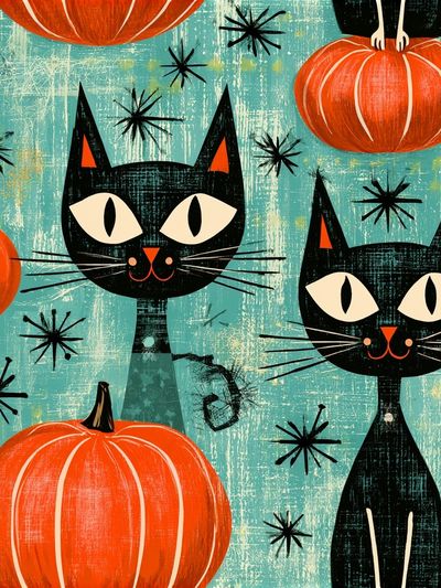Black Cats and Pumpkins Illustration Poster. poster