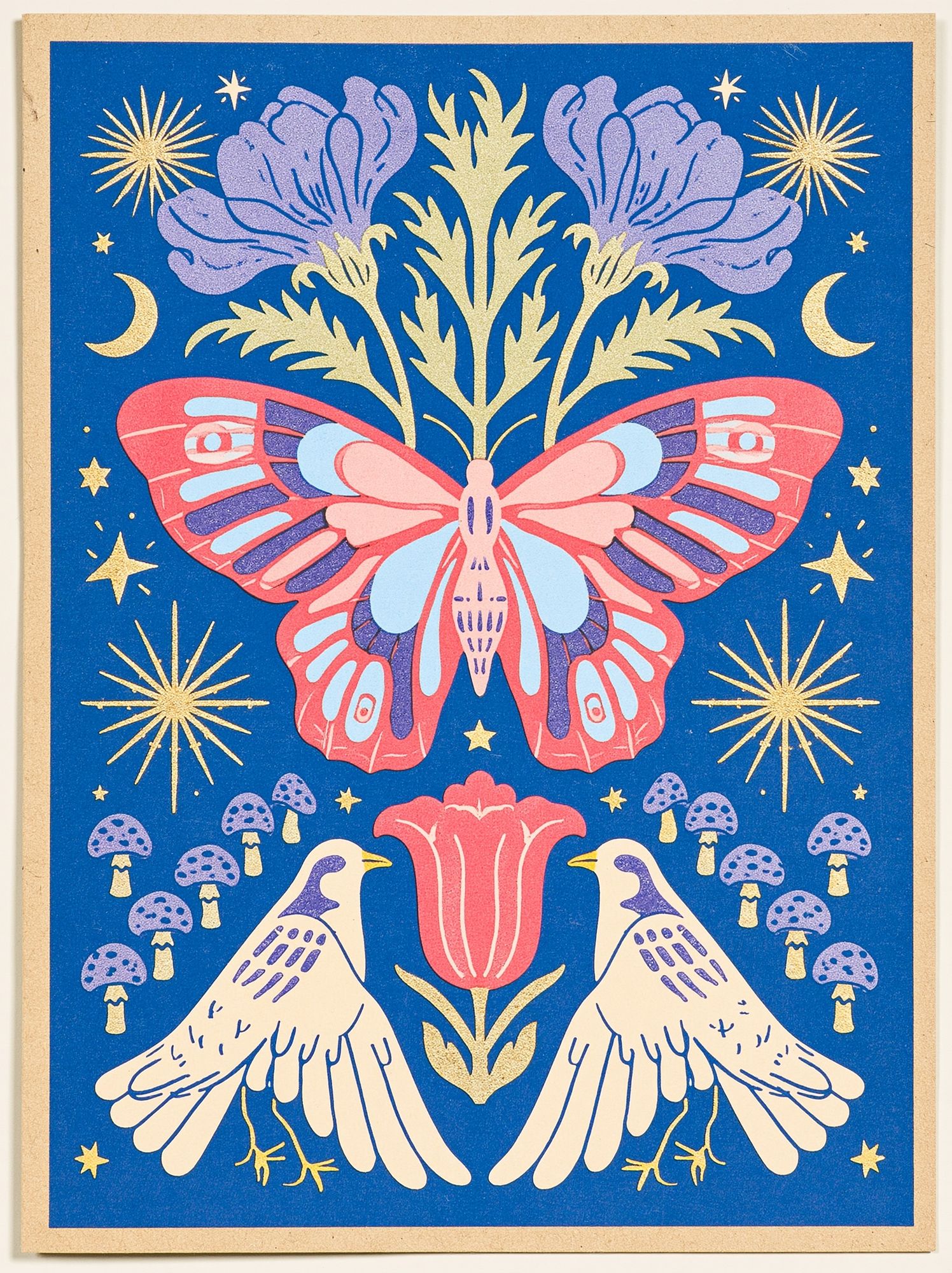 Butterfly and Birds Folk Art Poster. poster detail