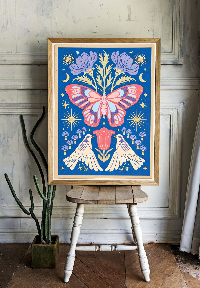 Butterfly and Birds Folk Art Poster. — room view 1