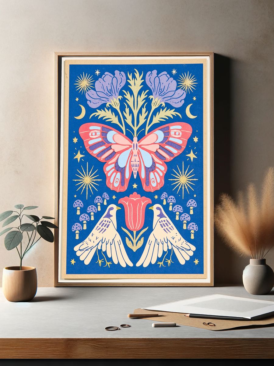 Butterfly and Birds Folk Art Poster. — room view 2