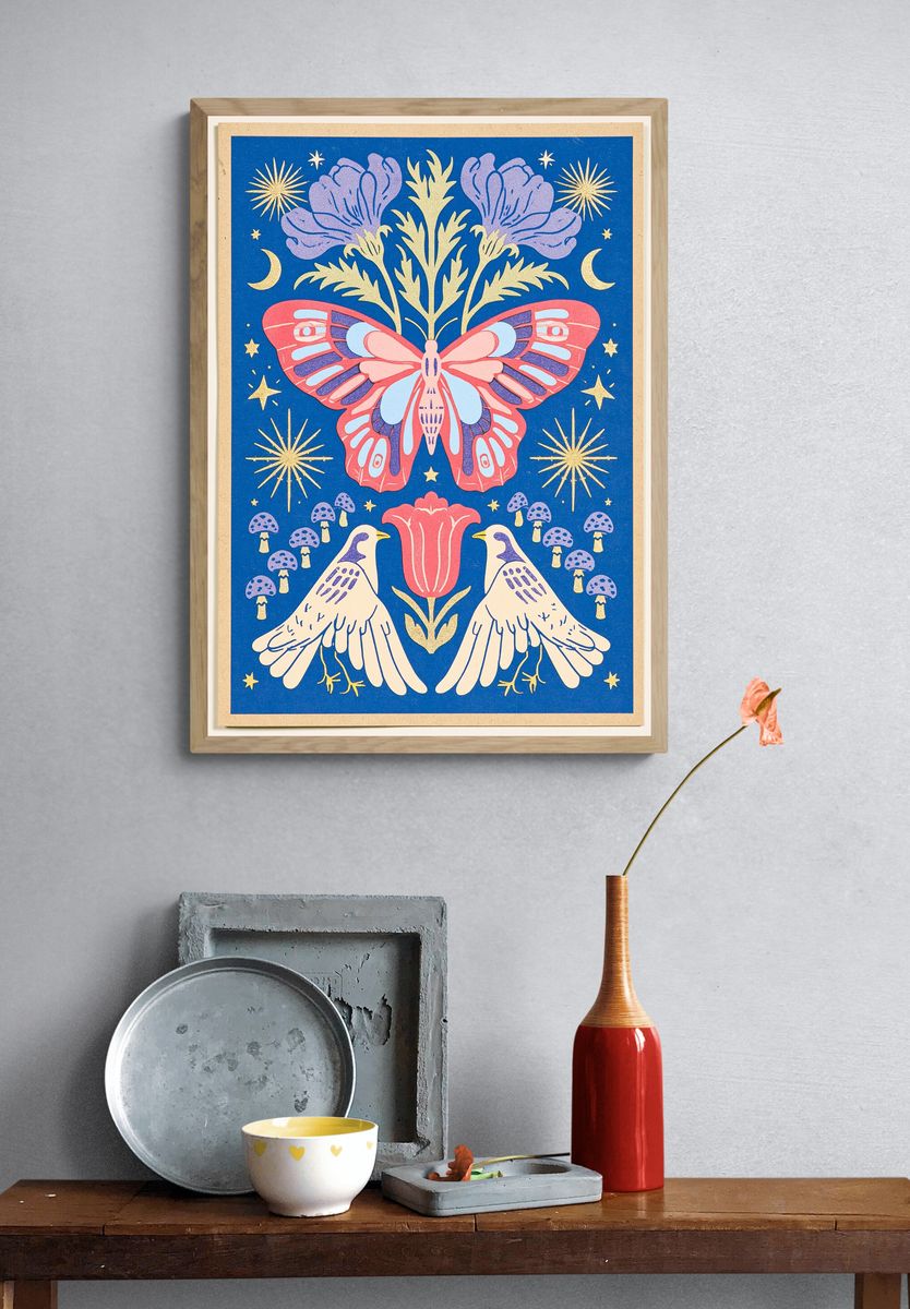 Butterfly and Birds Folk Art Poster. — room view 3