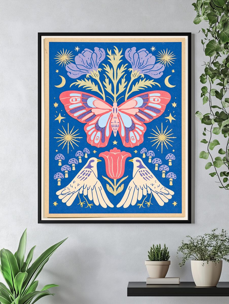 Butterfly and Birds Folk Art Poster. — room view 4