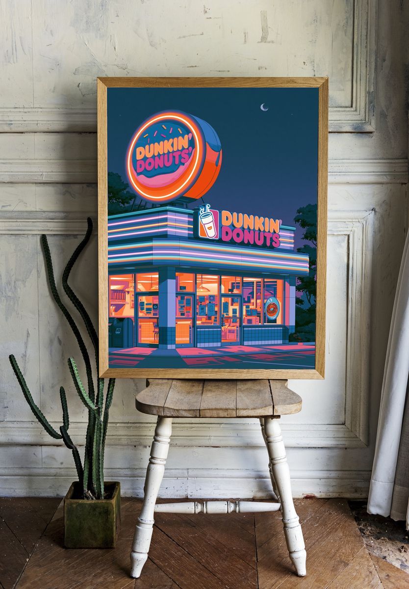 Neon Donut Diner Illustration Poster. — room view 1