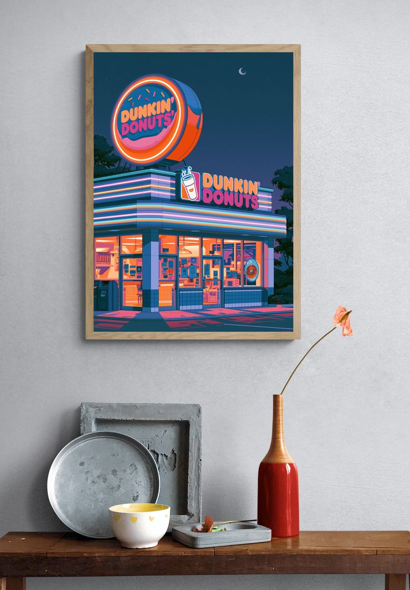 Neon Donut Diner Illustration Poster. — room view 3