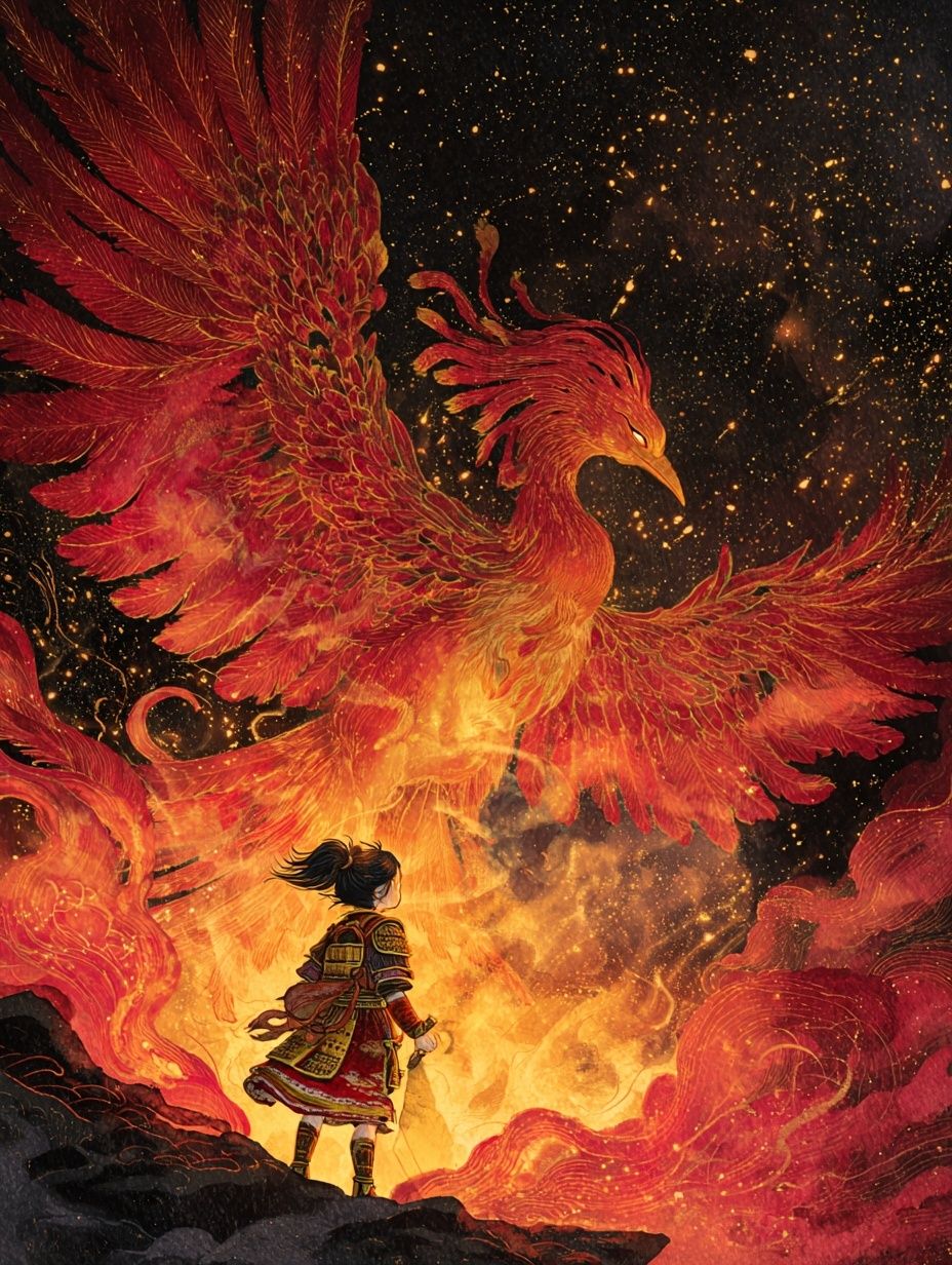 Phoenix and Warrior Fantasy Print. poster — illustration art