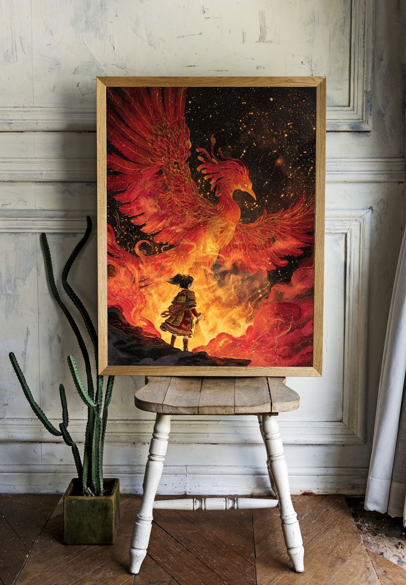 Phoenix and Warrior Fantasy Print. room preview