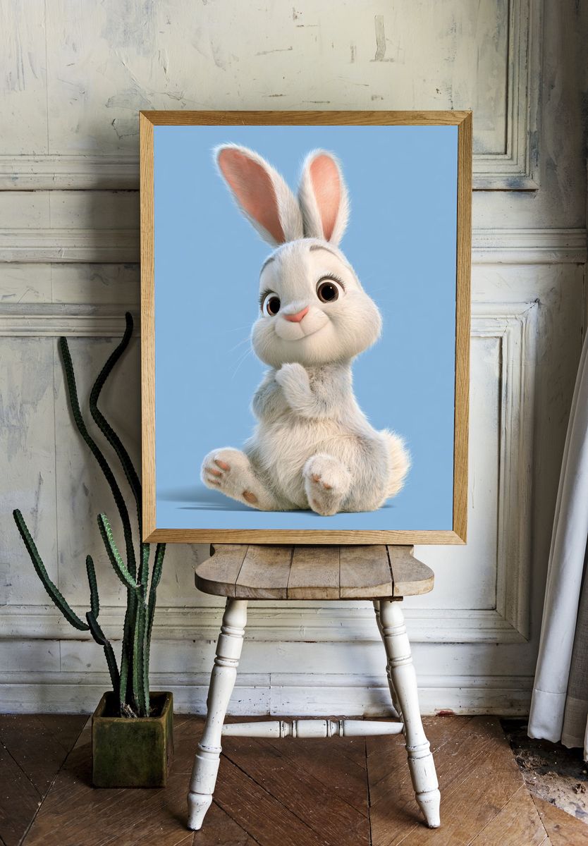 Cute White Bunny Illustration Poster. — room view 1