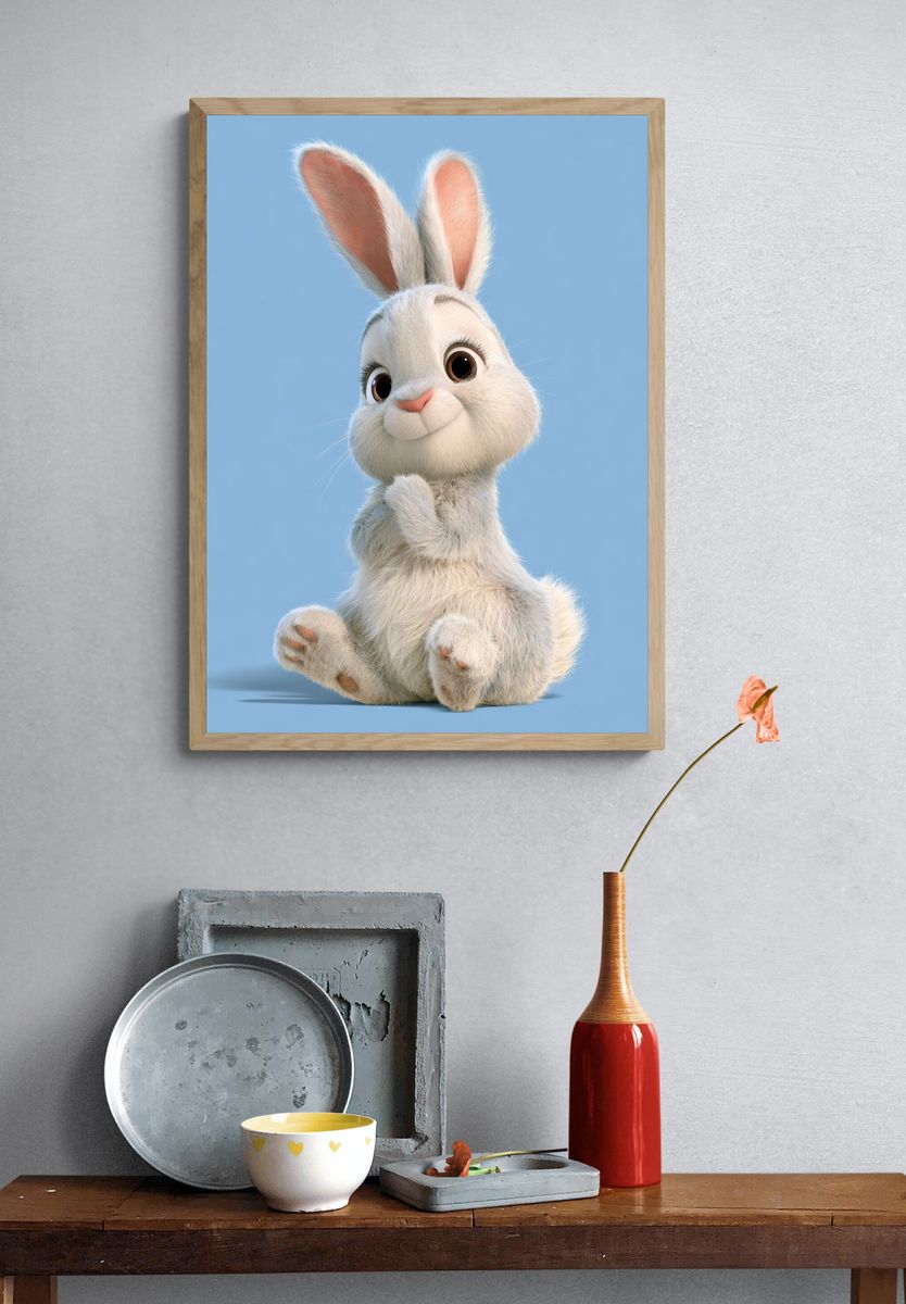 Cute White Bunny Illustration Poster. — room view 3