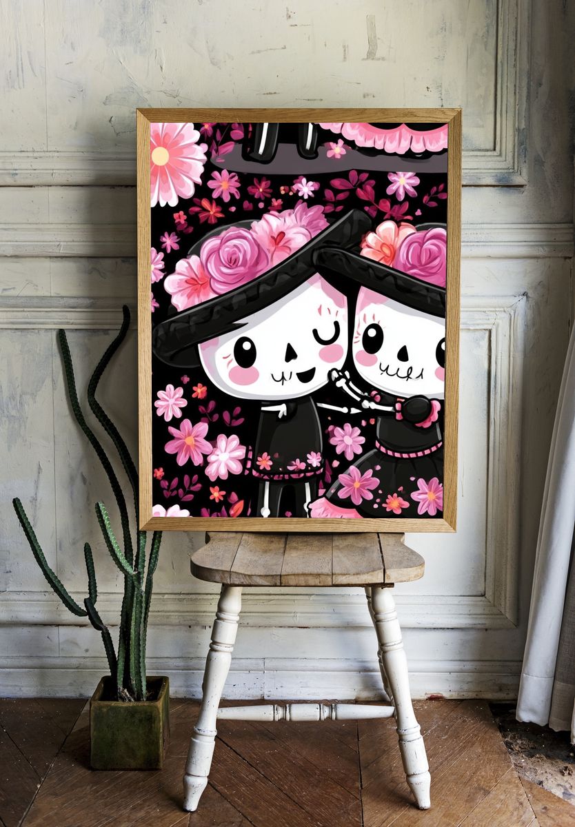 Cute Skull Couple Floral Poster. room preview