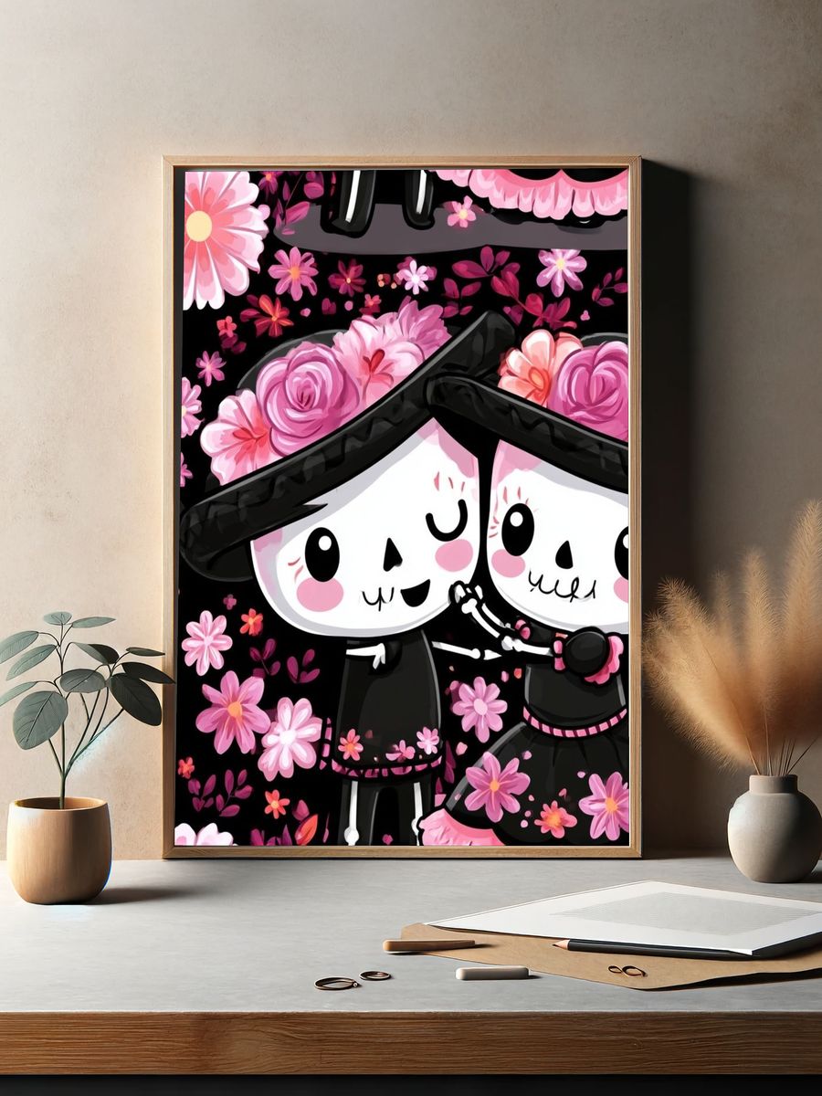 Cute Skull Couple Floral Poster. — room view 2