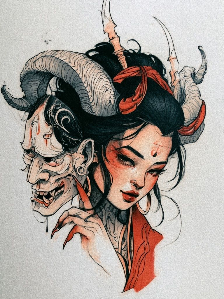 Demon Mask Woman Illustration Poster. poster — illustration art