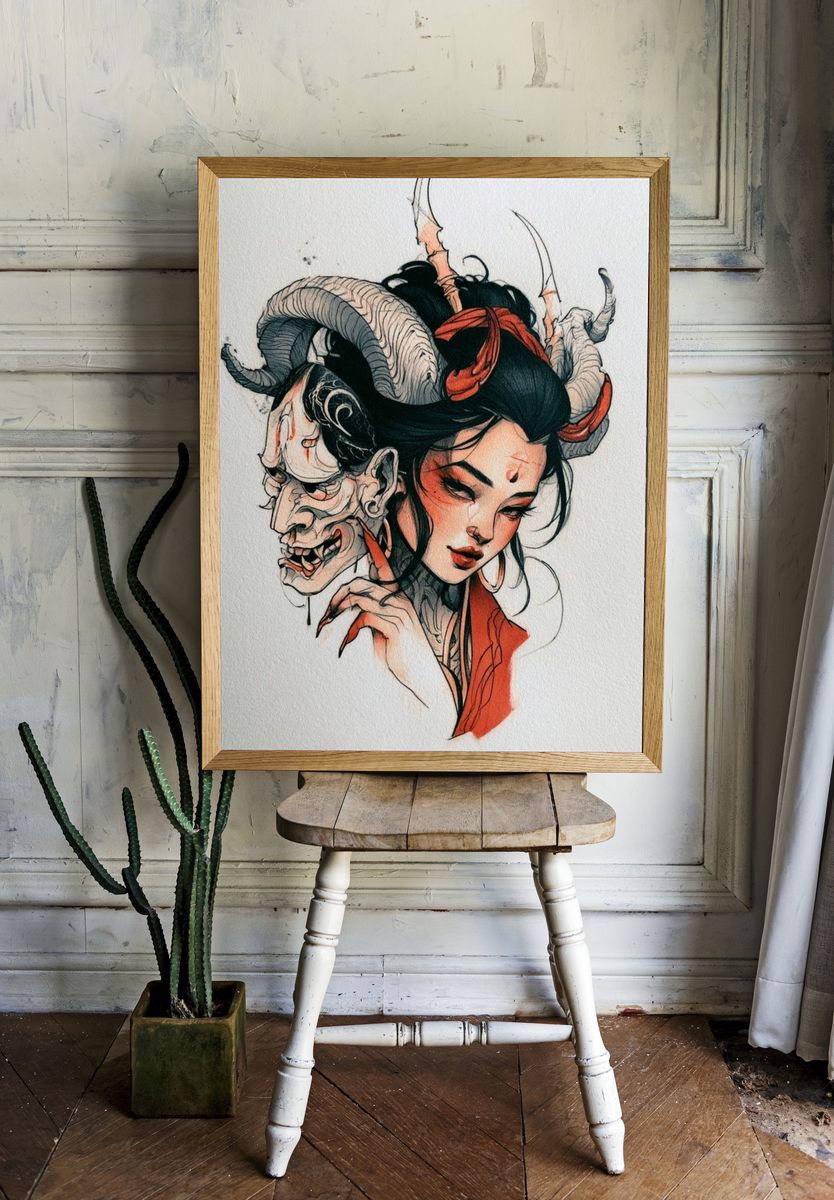 Demon Mask Woman Illustration Poster. — room view 1
