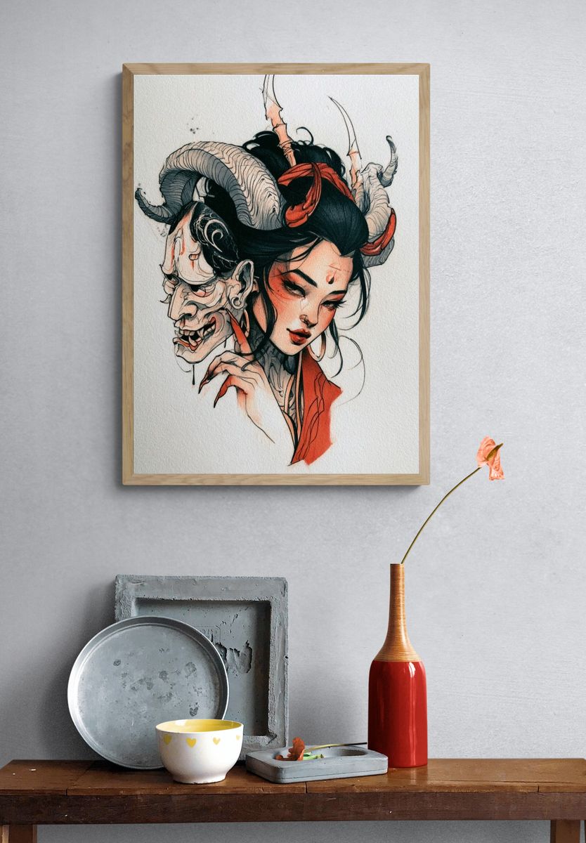 Demon Mask Woman Illustration Poster. — room view 3