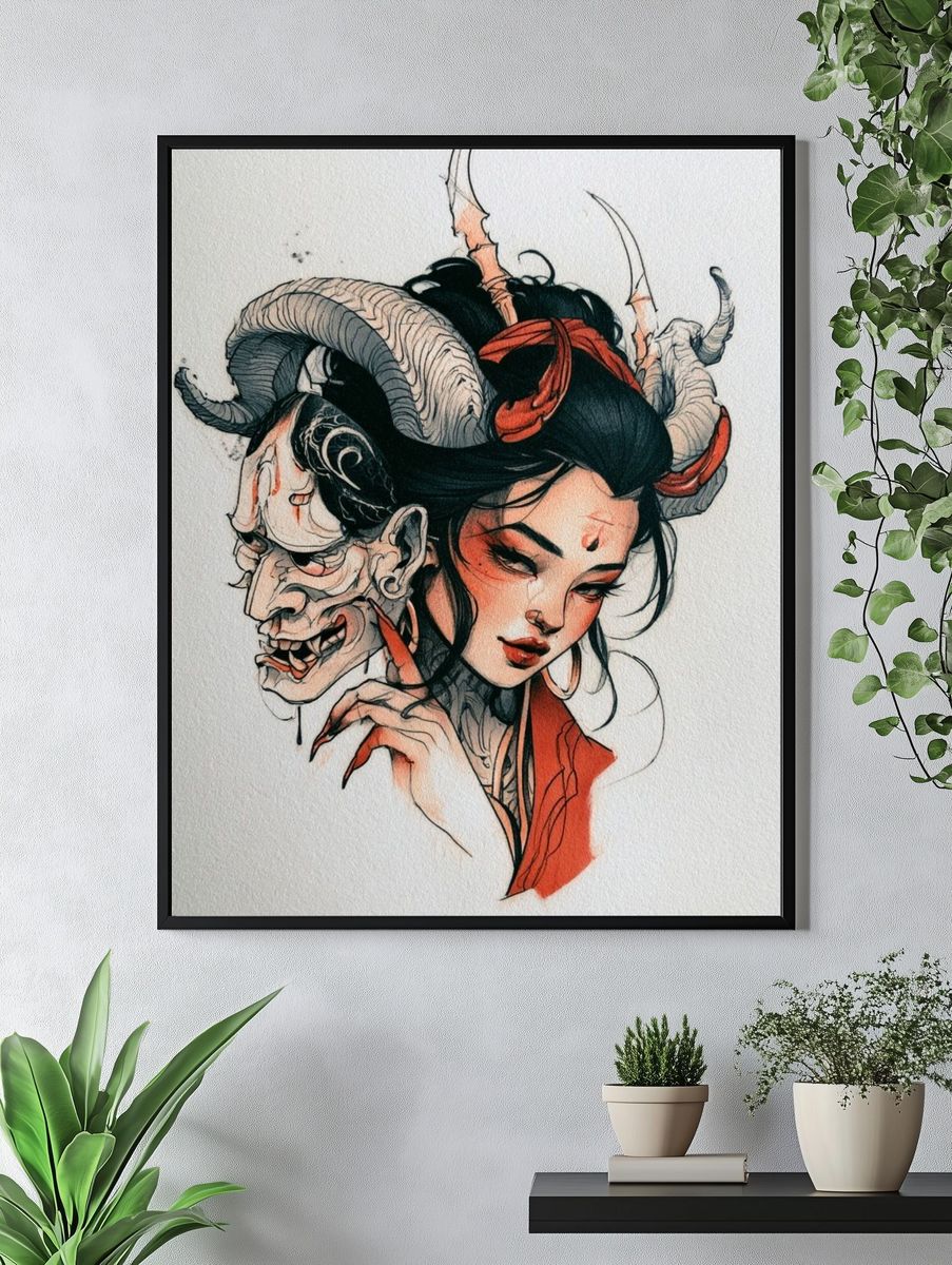 Demon Mask Woman Illustration Poster. — room view 4