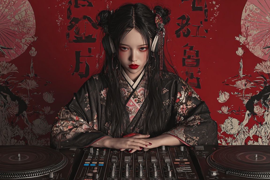 Geisha DJ Red Noir Poster. poster detail