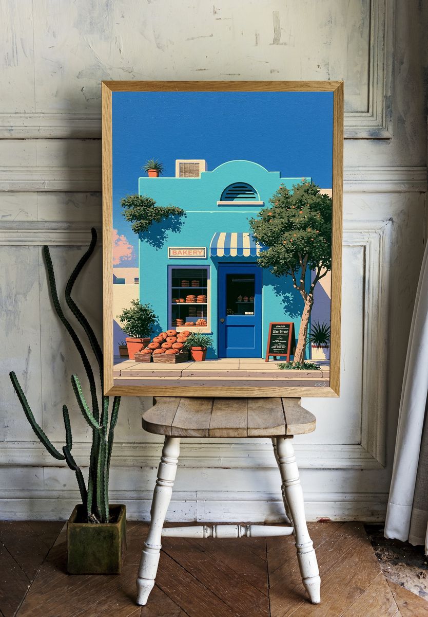 Sunlit Bakery Facade Illustration Print. — room view 1