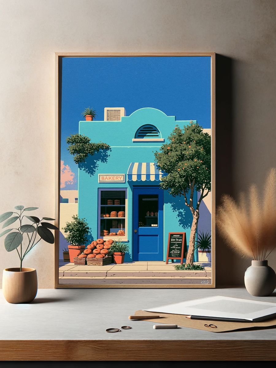 Sunlit Bakery Facade Illustration Print. — room view 2