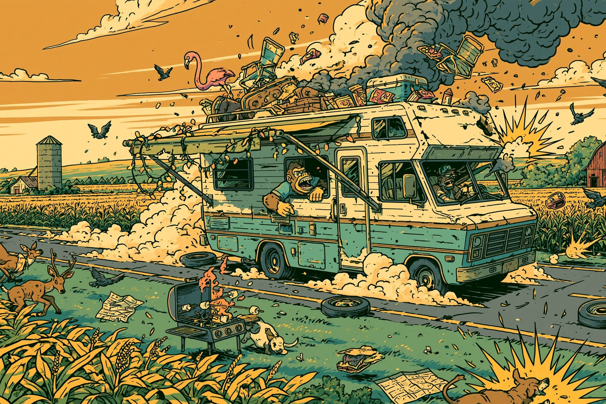 Chaotic Farm Escape Illustration Poster. poster detail