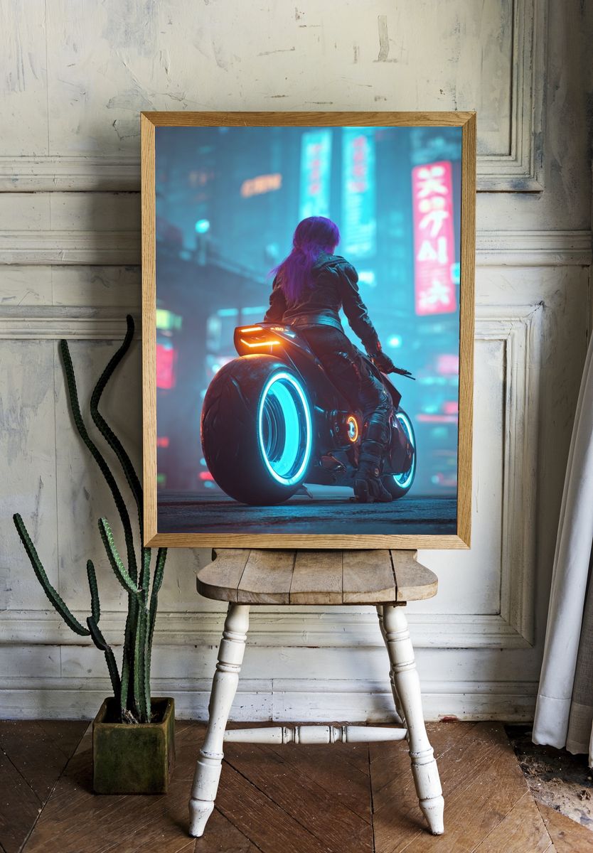 Cyberpunk Rider Neon City Poster. — room view 1