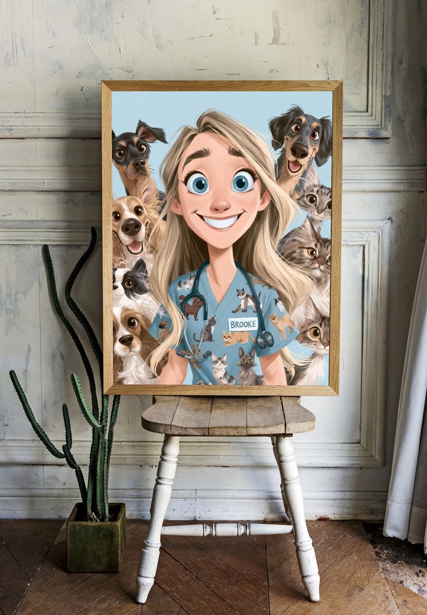 Veterinary Girl and Pets Illustration Poster. — room view 1