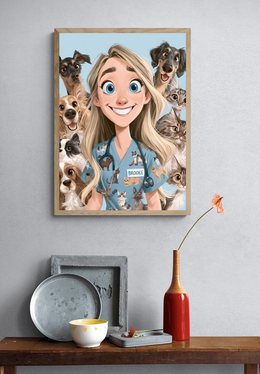 Veterinary Girl and Pets Illustration Poster. — room view 3