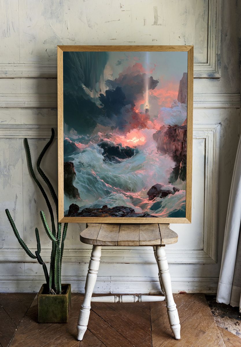 Lighthouse Stormscape Illustration Poster. — room view 1