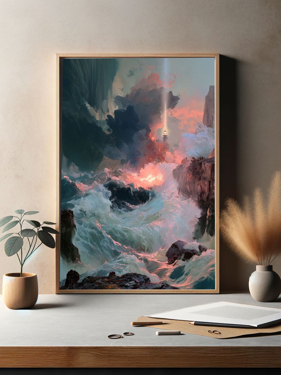 Lighthouse Stormscape Illustration Poster. — room view 2