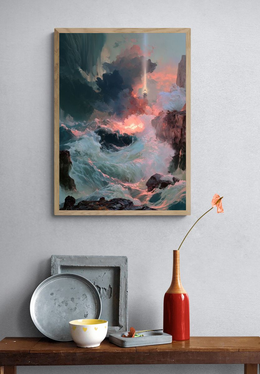 Lighthouse Stormscape Illustration Poster. — room view 3