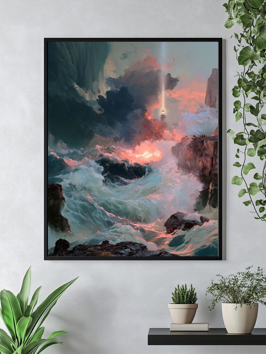Lighthouse Stormscape Illustration Poster. — room view 4