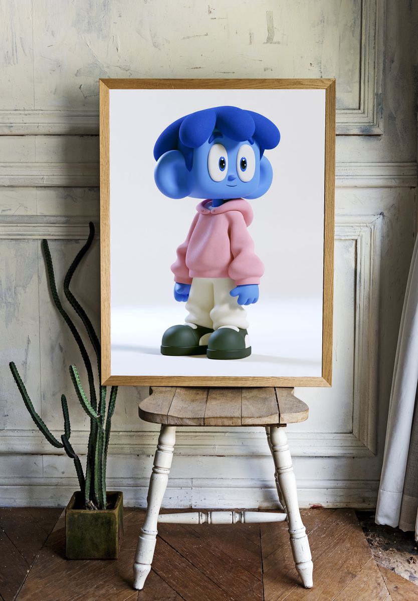 Blue Cartoon Character Portrait Print. room preview