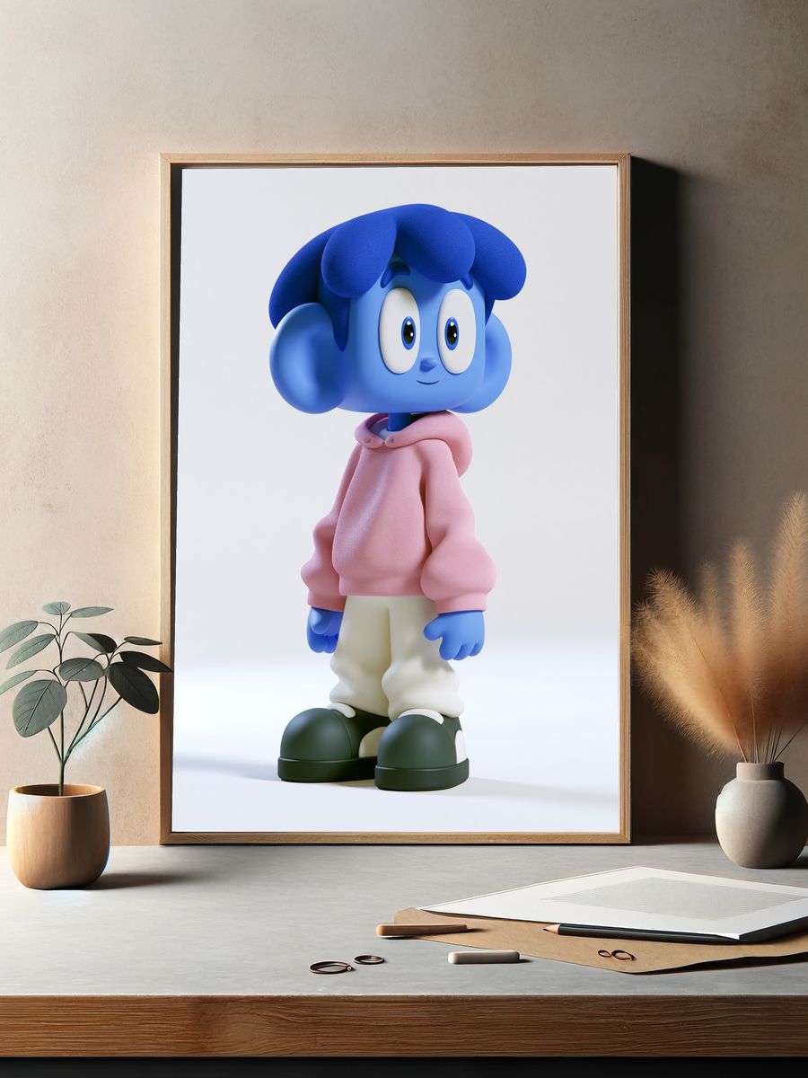 Blue Cartoon Character Portrait Print. — room view 2